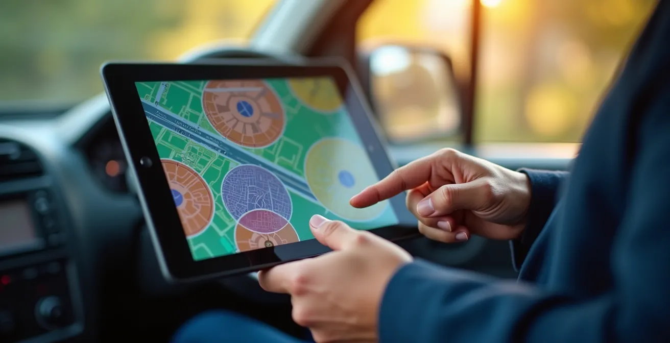 Technicien consultant une tablette avec carte GPS en temps réel devant son véhicule d'intervention