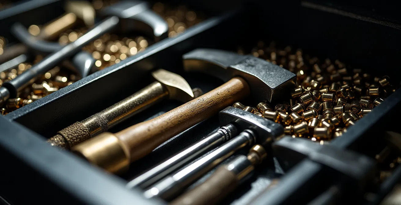 Vue macro détaillée de l'intérieur organisé d'un tiroir de véhicule de service avec cylindres et outils rangés méthodiquement